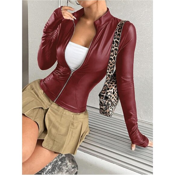 Women Faux Leather Jacket Thin Fleece Mock Neck Zip Up Long Sleeve Winter Red - Picture 5 of 5